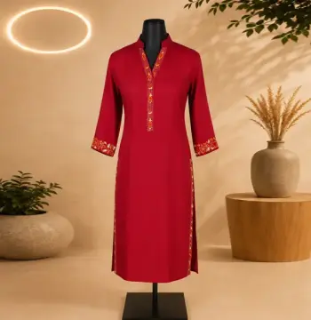 Maroon Cotton Salwar Kameez with Handstitched Floral Embroidery