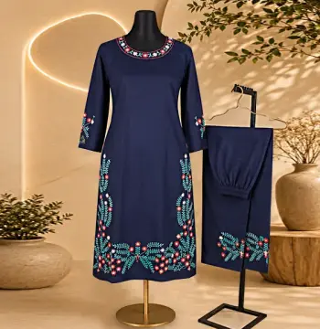 Navy Blue Cotton Salwar Kameez with Handstitched Floral Embroidery on the Neckline, Sleeves and Lower Border