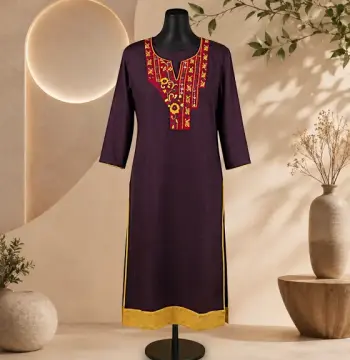 Royal Coffee Slub Cotton Handstitched Kurti with Colorful Floral Neckline Embroidery & Elegant Border
