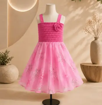 Pink Georgette & Samu Silk Frock with Smocked Bodice and Floral Work