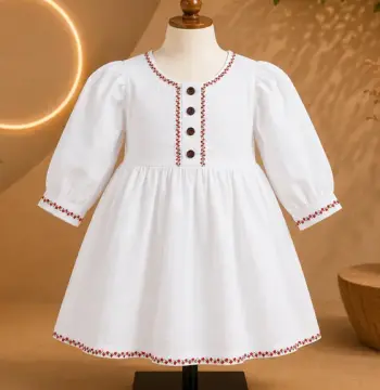 White Slub Cotton Frock with Handstitched Red Border & Button Design