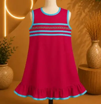 Bexi Voile Frock with Turquoise Piping & Ruffle Design