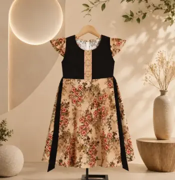 Black & biscuit floral frock with elegant contrast panel design