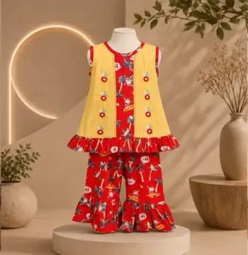 Red Linen & Yellow Cotton Kids Set with Handstitched Vest & Ruffles