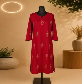 Classic Linen Kurti with Handstitched Floral Motifs & Notched Neckline