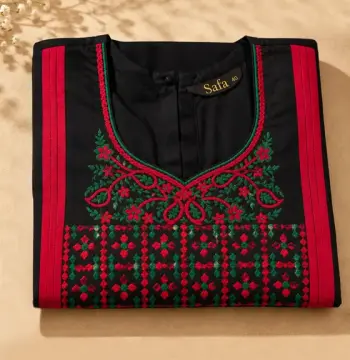 Black Linen Kurti with Maroon & Green Handstitched Embroidery and All-Over Threadwork