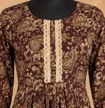 Lace-Designed Rimi Cotton Kurti with Gathered Waist and Flared Silhouette – Coffee