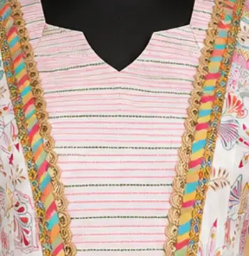 White & Pink Jafran Print Kurti with Chest Stitch Work, Side Lace and Gathered Flared Design
