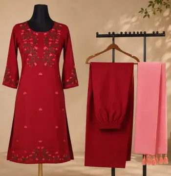 Maroon Cotton Dress with White Gold Hand-Stitched Floral
