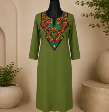 Gorgeous Olive Green Linen Kurti with Elegant Hand Stitching on the Yoke