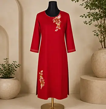 Royal Maroon Linen Kurti with Exquisite Hand-Stitched Floral Embroidery