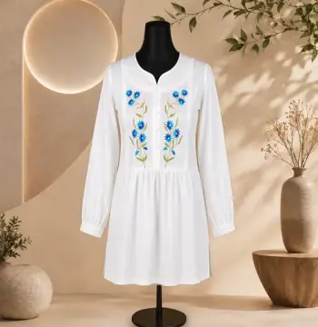 Graceful Off-White Cotton Kurti with Handstitched Blue Floral Embroidery