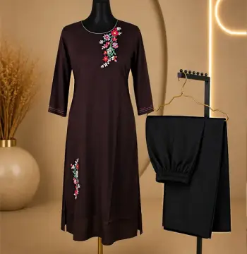 Classic Coffee Linen Salwar Kameez Set with Handstitched Floral Embroidery