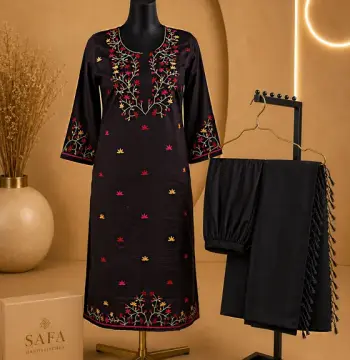 Heritage Coffee Slub Cotton Salwar Kameez with Intricate Handstitched Floral Artistry